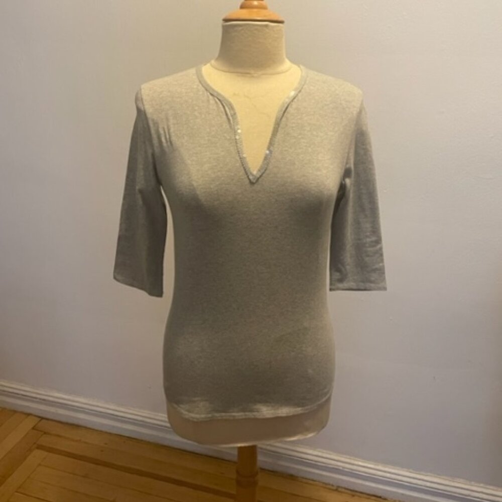 Joseph elbow length split neck tee with sequin trim in h. grey stretch cotton